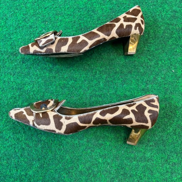 Prada Giraffe Print Gold Buckle Block Heel Loafer Pumps Size 8/ 38 - Picture 3 of 6